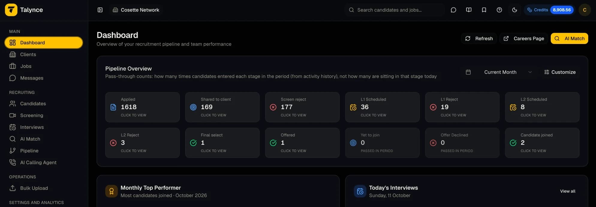 The Talynce dashboard: a pipeline overview counting candidates at every stage, from applied to joined