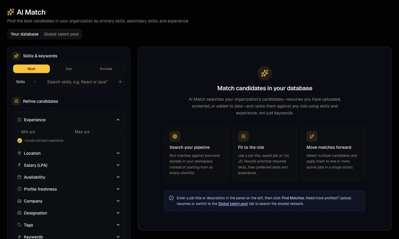 The AI Match screen in Talynce: skills marked must, can or exclude, with filters for experience, location, salary, availability, company, designation, tags and keywords