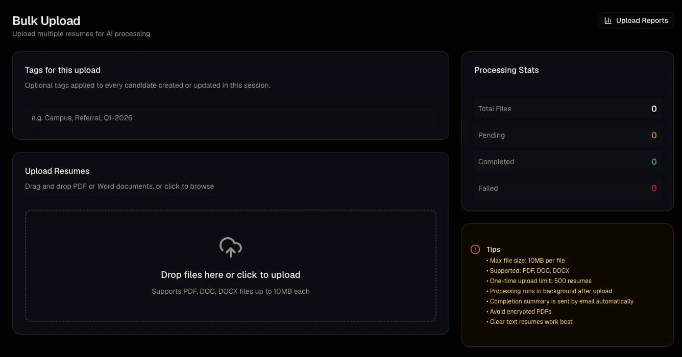 The Bulk Upload screen in Talynce: a drop zone for PDF and Word resumes, a tag for the upload, and counts of total, pending, completed and failed files