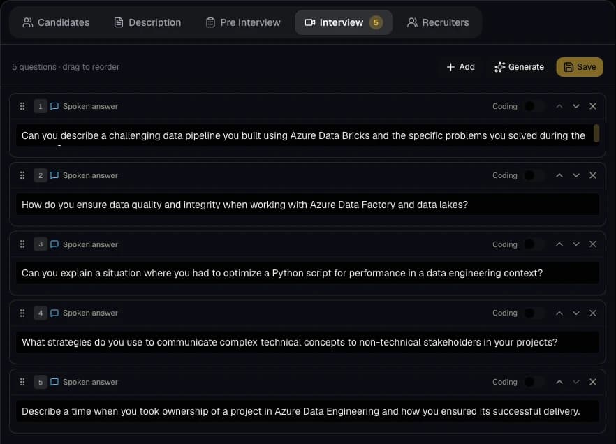 The Interview tab of a job in Talynce: five spoken questions that can be reordered, each with a switch to make it a coding question