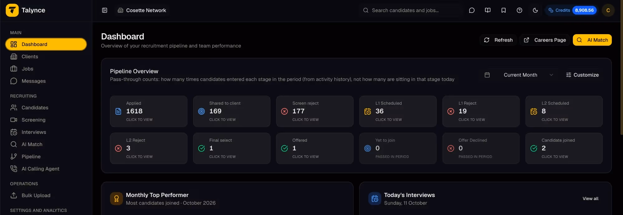 The Talynce dashboard: a pipeline overview counting candidates at every stage, from applied to joined