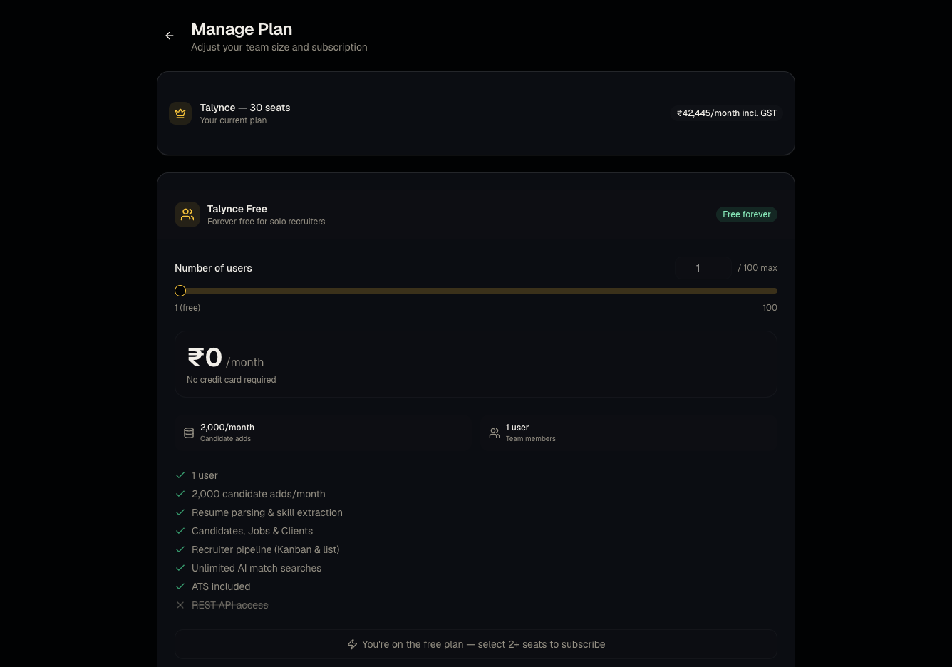 Plans and subscriptions screenshot