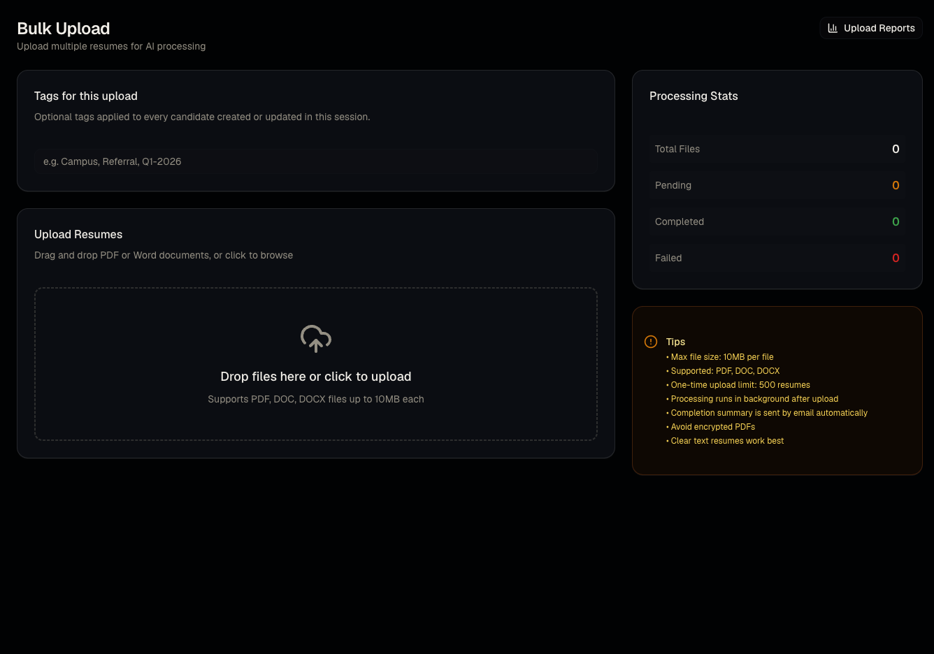 Bulk resume upload screenshot