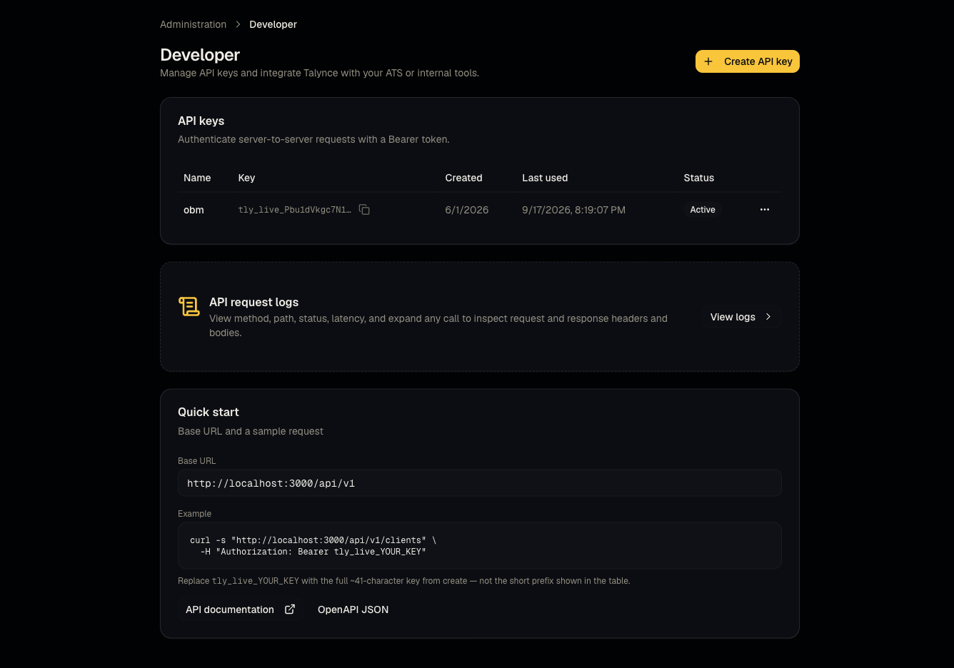 API keys and request logs screenshot
